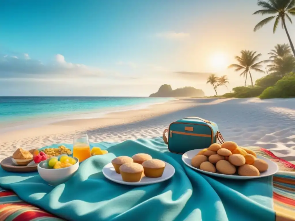 Destinos sin gluten: playa relajante al atardecer con picnic y pareja disfrutando en sillas de playa