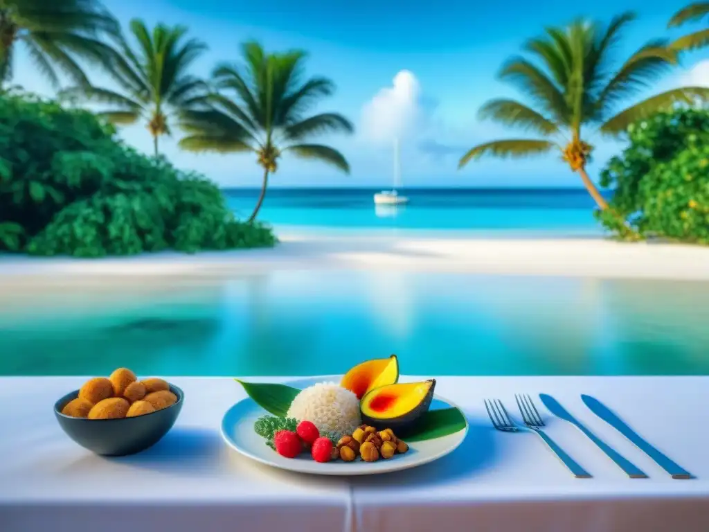 Destinos sin gluten playa relajante: mesa colorida en la playa al atardecer con comida y hamaca entre palmeras