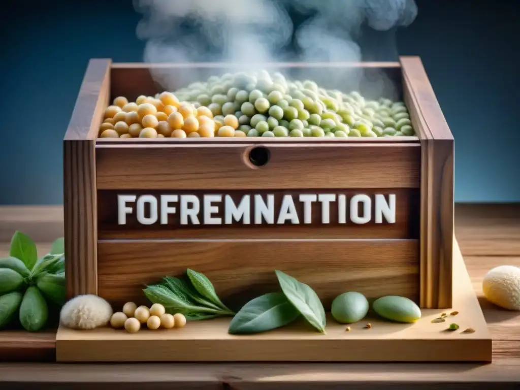 Detallada imagen de caja de fermentación con ingredientes para tempeh, mostrando el proceso natural de fermentación