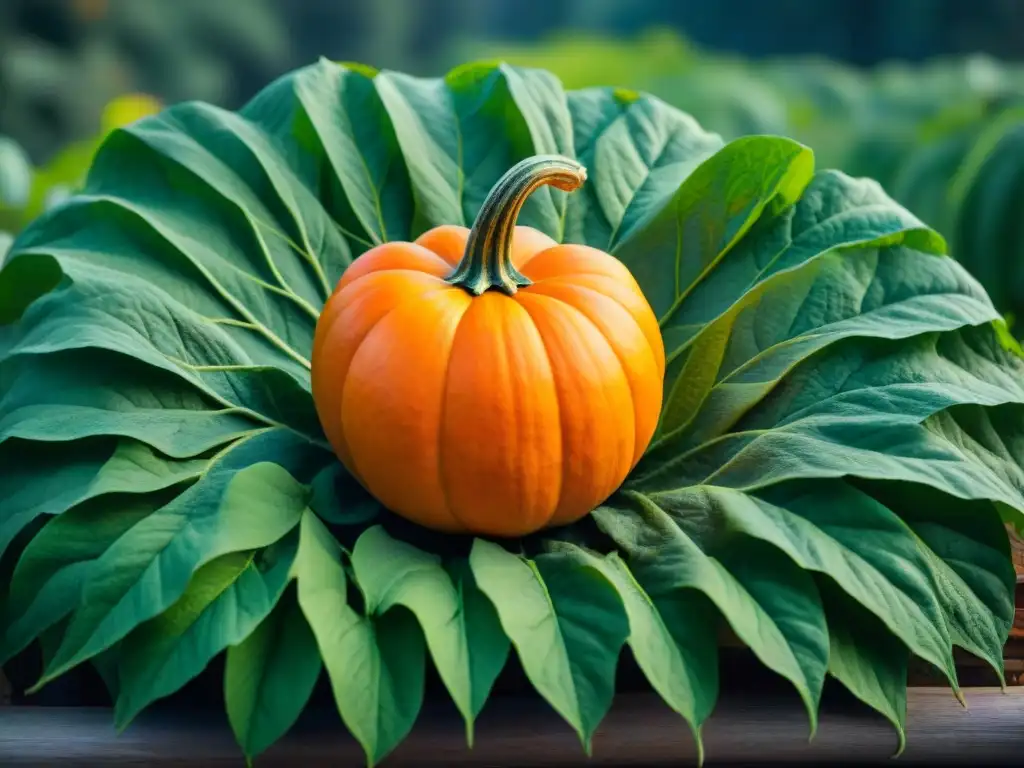 Detallada imagen de una calabaza naranja vibrante con tallos verdes, bajo cálido sol