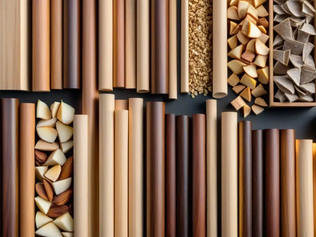 Una detallada imagen de madera para ahumar sin gluten, mostrando variedad de astillas y trozos de madera de manzana, cerezo, roble, nogal y pacana