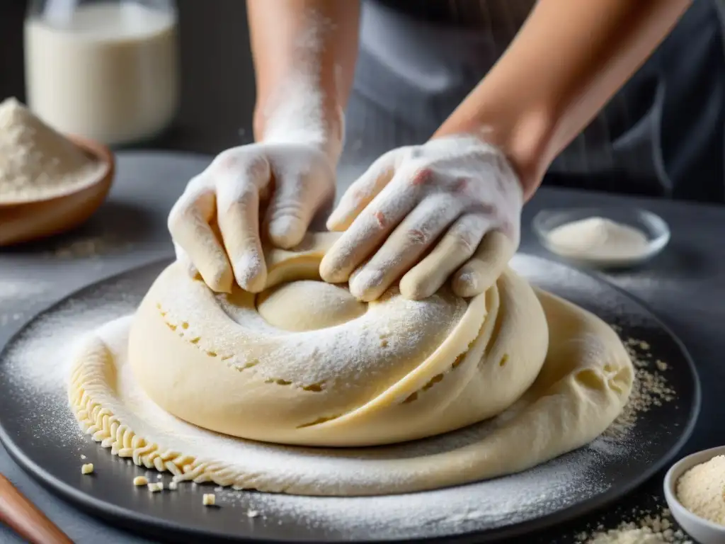 Detallada imagen de manos amasando masa sin gluten sobre encimera de mármol, destacando técnica y ingredientes