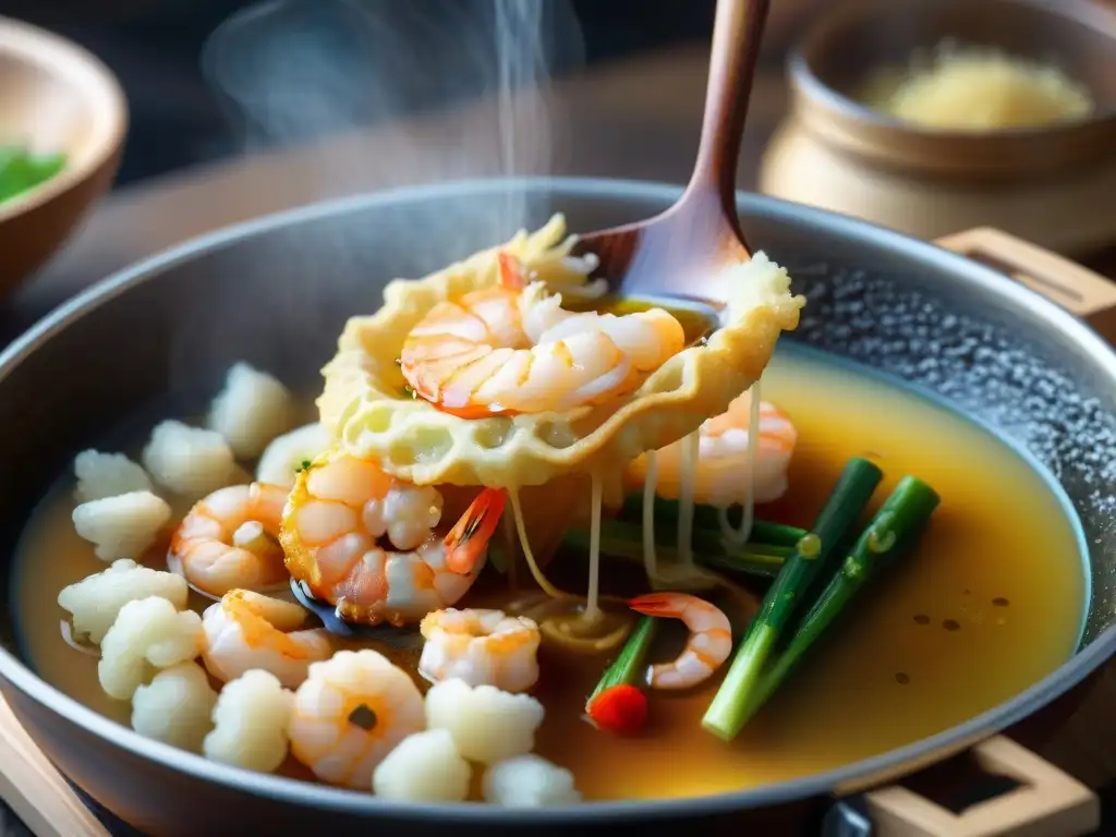 Detallada imagen de receta tempura sin gluten crujiente: masa dorada sumergiéndose en aceite burbujeante en cocina japonesa tradicional