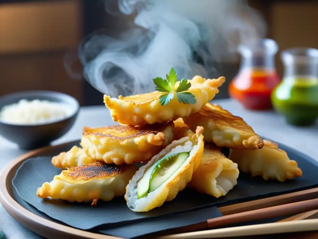 Detallada imagen de tempuras sin gluten crujientes perfectas con variedad de vegetales coloridos en cocina japonesa