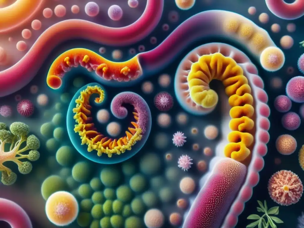 Ilustración detallada y realista de un ecosistema vibrante en el intestino humano, destacando la diversidad de la microbiota intestinal