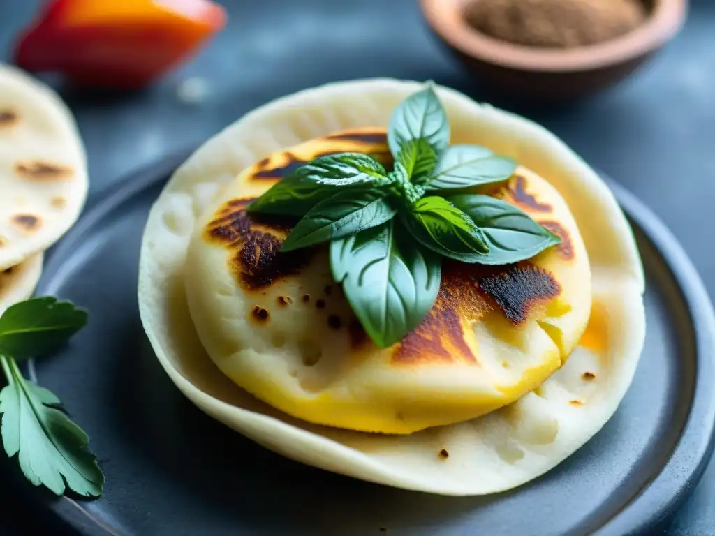 Detalle de una arepa dorada y crujiente, con aguacate, pimientos y cilantro fresco