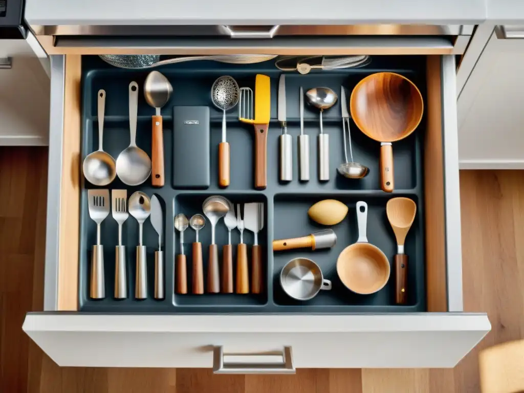 Diseño impecable de utensilios de cocina glutenfree Detalle de cajón de cocina sin gluten lleno de utensilios de acero inoxidable, silicona y madera, organizados impecablemente