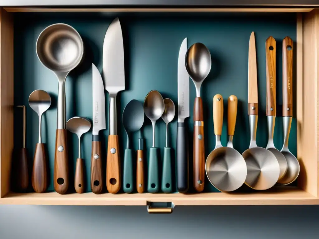 Detalle de cajón de cocina organizado con utensilios de acero inoxidable, espátulas de madera y medidores, resaltando calidad y funcionalidad