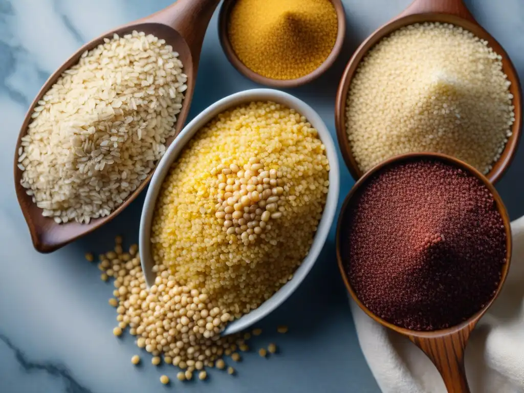 Detalle colorido de granos sin gluten como quinoa, amaranto, teff y mijo en encimera de mármol