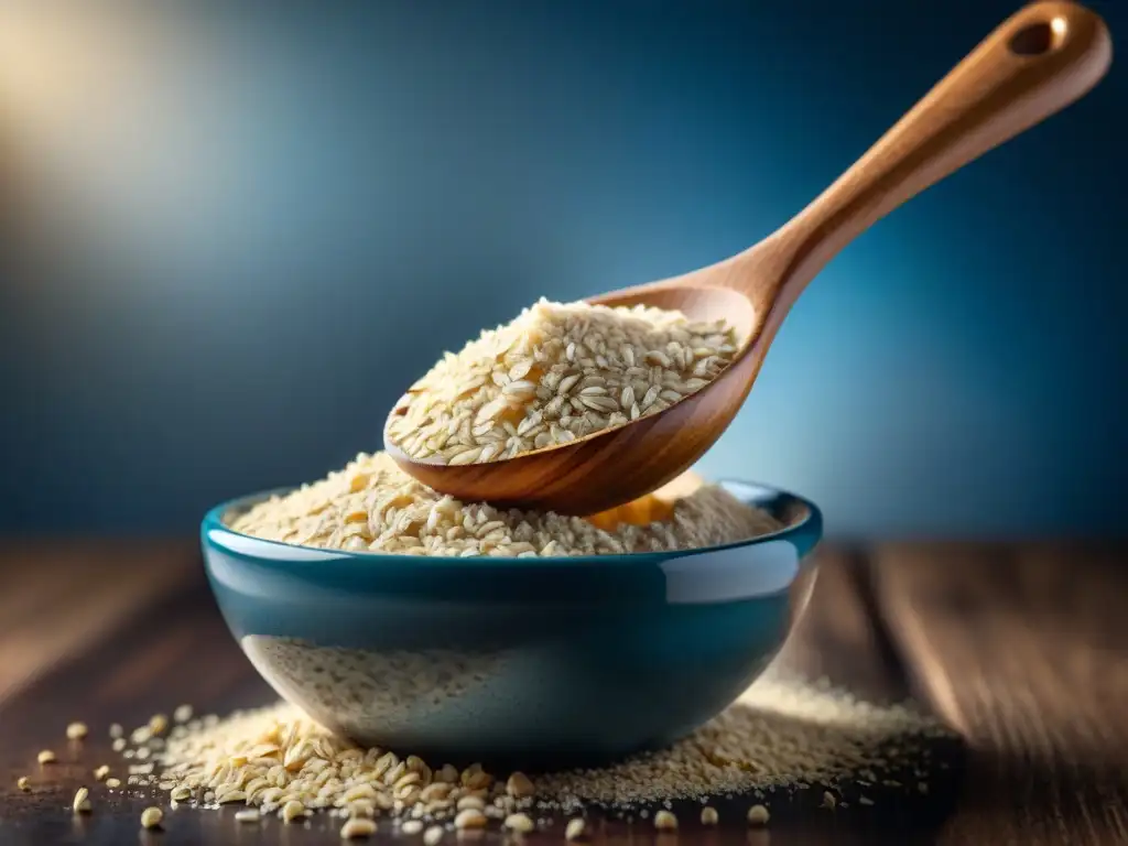 Detalle de una cuchara de madera espolvoreando harina de avena sin gluten en un bol de vidrio, iluminado suavemente