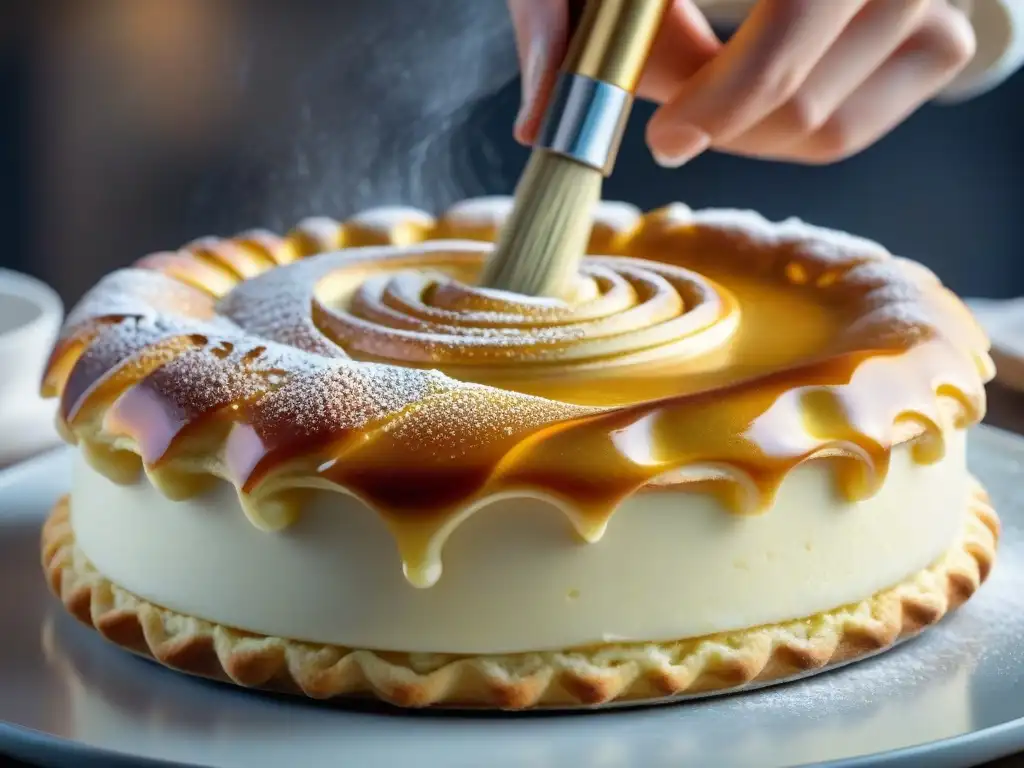 Detalle de una delicada repostería sin gluten siendo pincelada con un brillo translúcido, resaltando su textura y detalles