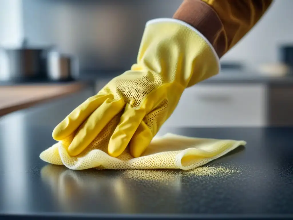 Detalle extremo: persona con guantes amarillos limpiando minuciosamente una encimera