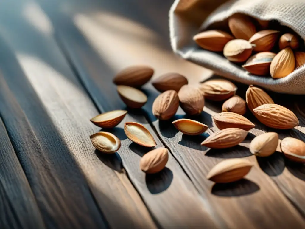 Detalle fotorealista de almendras en una mesa rústica, resaltando su textura y tonos marrones