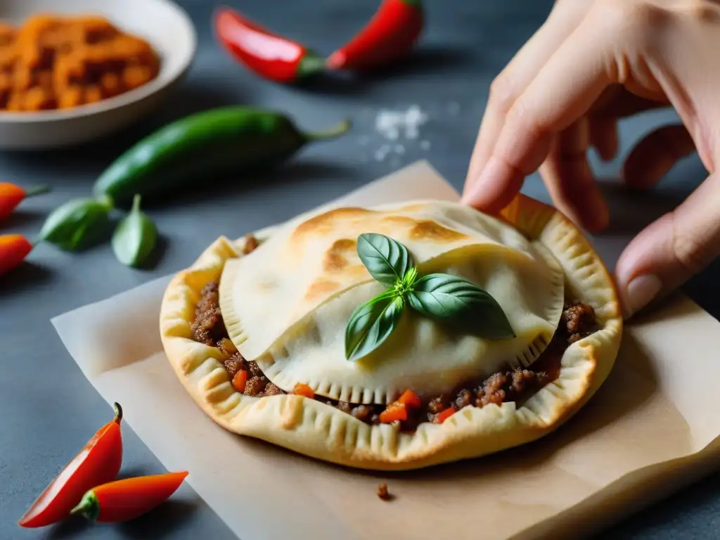 Detalle de manos preparando una deliciosa empanada sin gluten con ingredientes coloridos