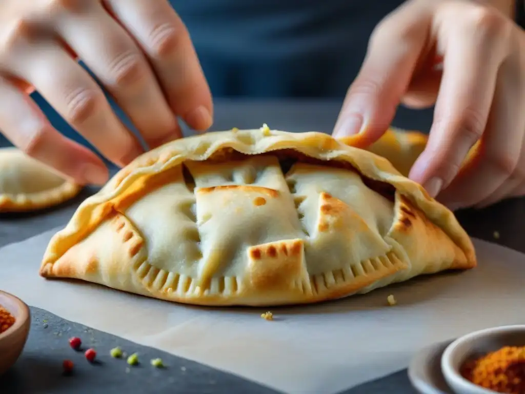 Detalle de manos expertas preparando empanadas sin gluten crujientes doradas con maestría y precisión