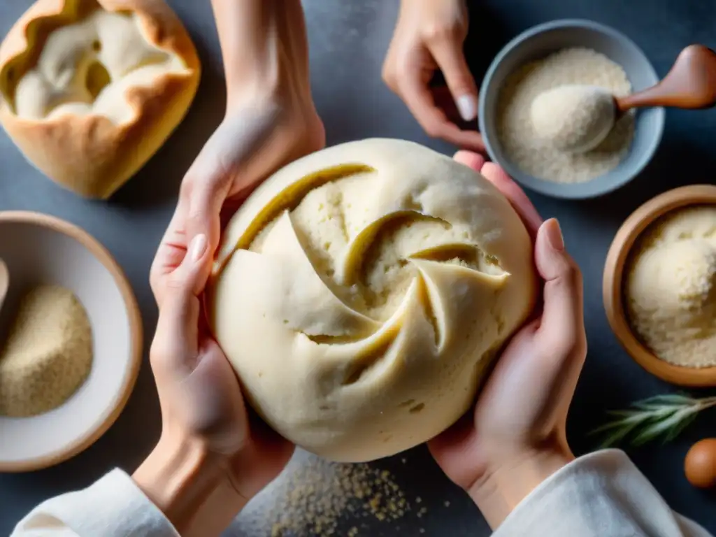 Detalle de masa sin gluten en fermentación perfecta, con textura elástica y granos de quinoa y amaranto