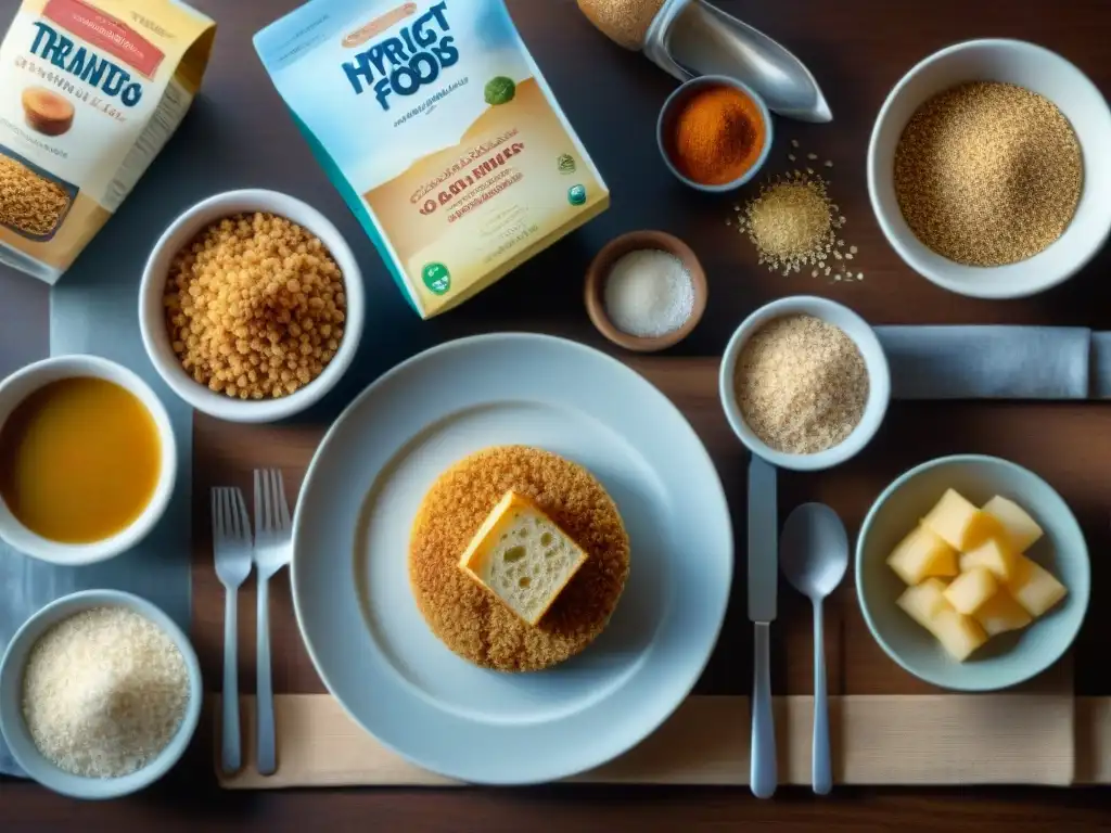 Engaños glutenfree: Mesa con gluten oculto Detalle realista de mesa con alimentos sin gluten, pero con fuentes ocultas de gluten
