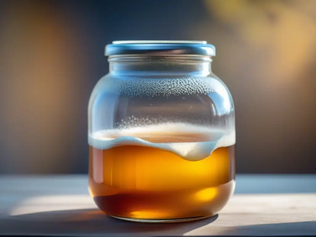 Detalle de tarro con SCOBY sin gluten flotando en té de Kombucha casero en fermentación