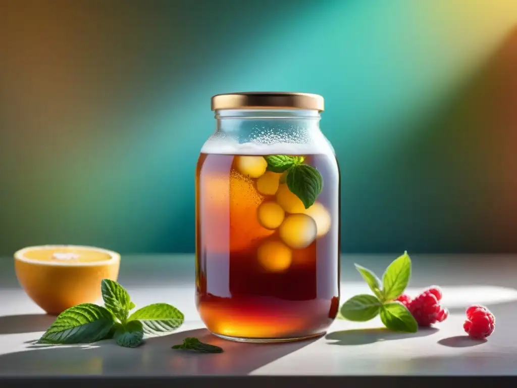 Detalle fotorealista de tarro con Kombucha casera, resaltando equilibrio perfecto sabor Kombucha con ingredientes frescos