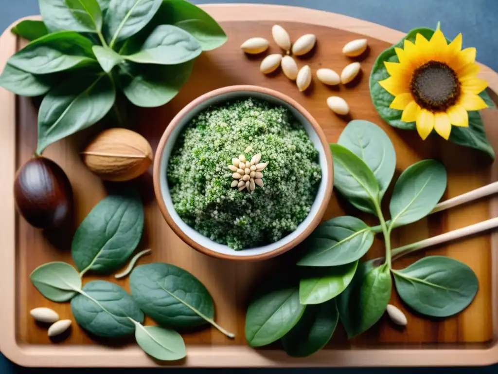 Detalle vibrante de alimentos sin gluten ricos en selenio como nueces de Brasil, semillas de girasol, espinacas y quinoa en tabla de madera, con chía