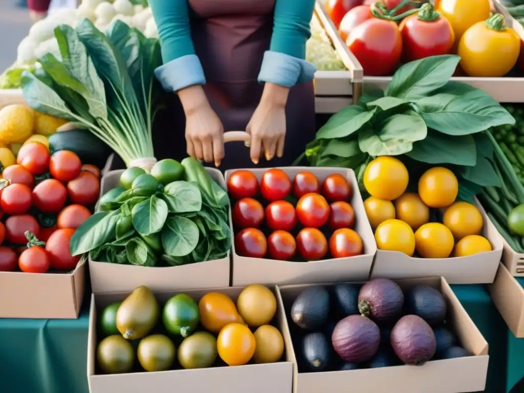 Detalle vibrante de puesto orgánico en mercado con frutas y verduras frescas, resaltando beneficios piel productos orgánicos gluten