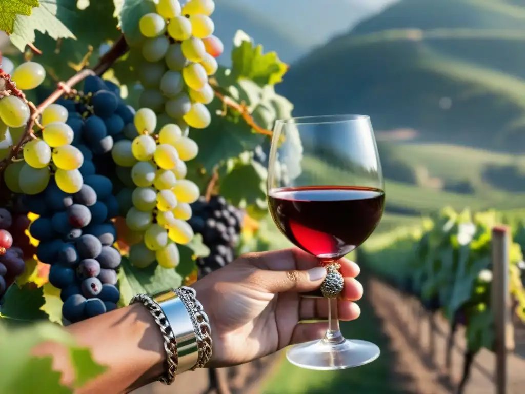 Detalle de copa de vino con vino tinto sin gluten, elegante y refinado en viñedo