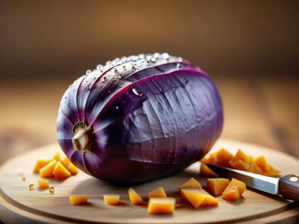 Detalles de una batata morada siendo cortada en rodajas finas, ideal para recetas proteínas alternativas sin gluten