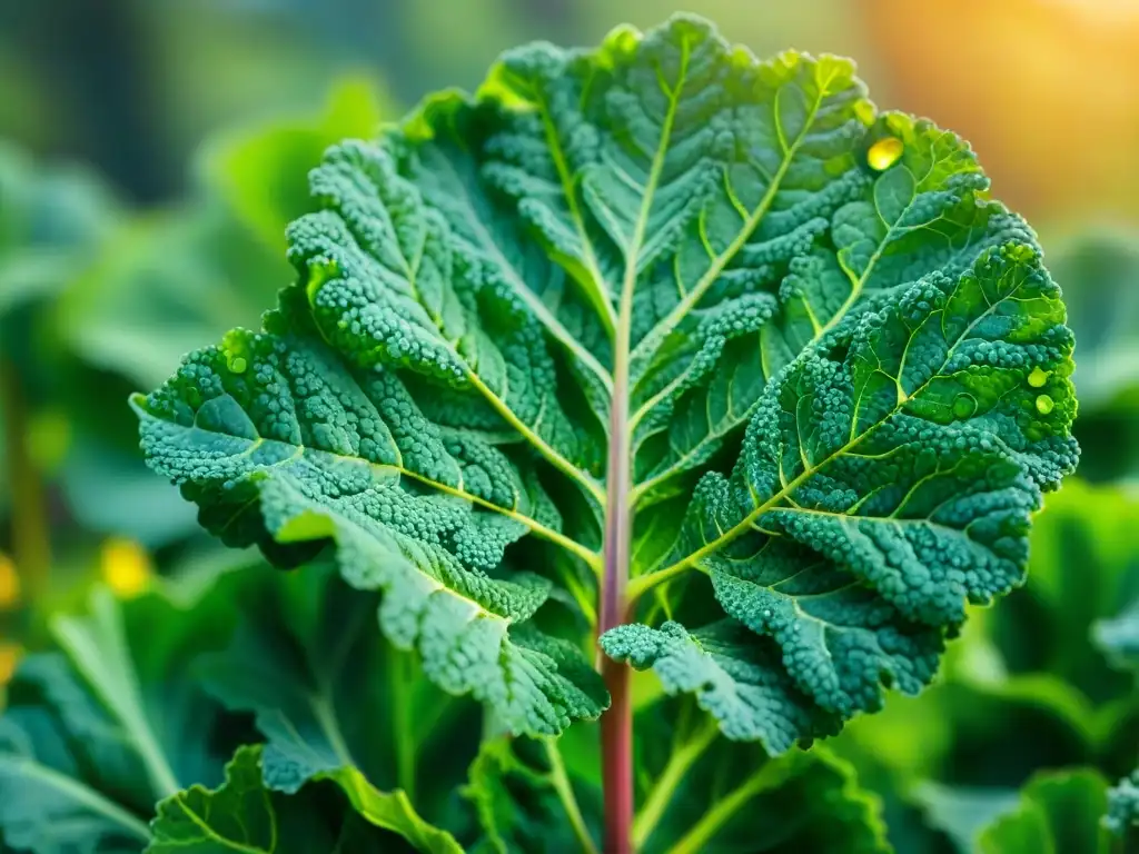 Detalles frescos de una planta de kale verde brillante en un jardín soleado, ideal para hacer chips de kale sin gluten