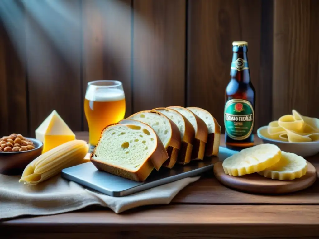 Detalles de fuentes de gluten en dieta en alimentos comunes sobre mesa de madera con iluminación cálida