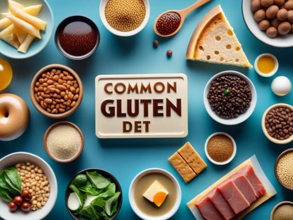 Detalles de fuentes de gluten en dieta: alimentos como salsa de soja, embutidos, aderezos y barras energéticas, con contenido de gluten etiquetado