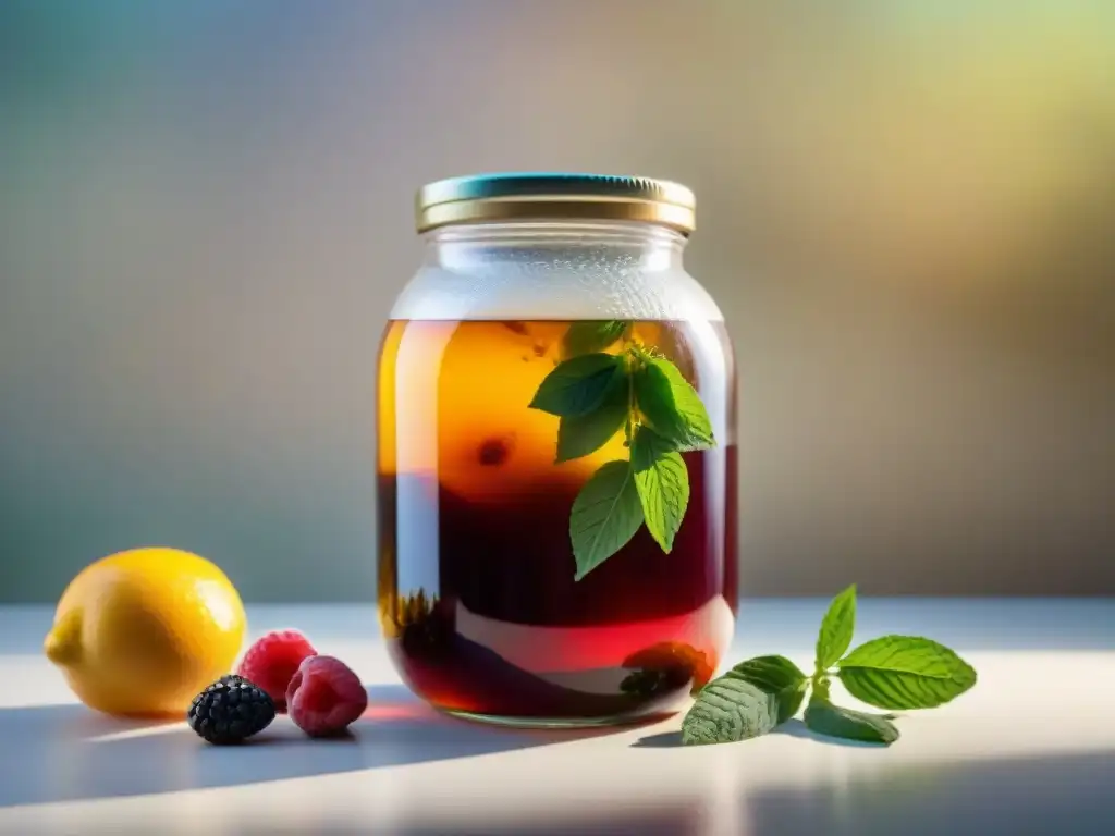 Detalles vibrantes de la fermentación de kombucha sin gluten con problemas comunes, frutas y hierbas en un frasco de vidrio burbujeante