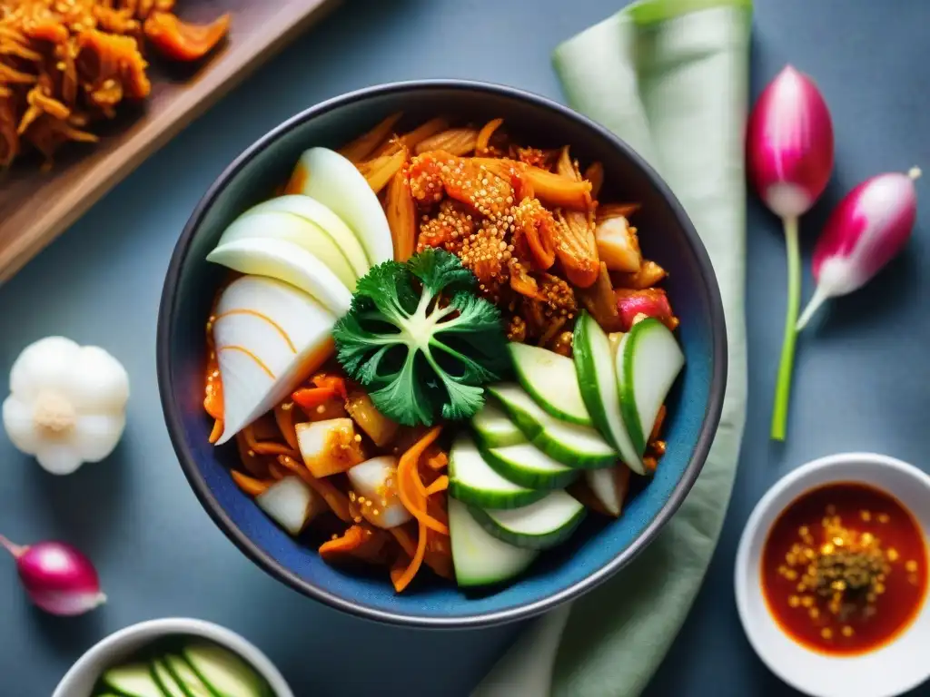 Detalles vibrantes de un tazón de kimchi sin gluten, inspirando autenticidad y frescura