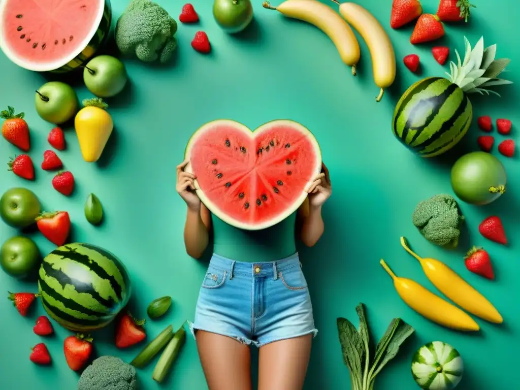 Dieta sin gluten para niños: Despliegue alegre de frutas y verduras coloridas y variadas, con sandía sonriente y fresas en forma de corazón