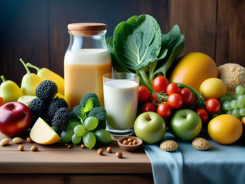 Una diversidad de alimentos prohibidos en la Dieta FODMAP, con colores y texturas vibrantes, sobre una mesa de madera