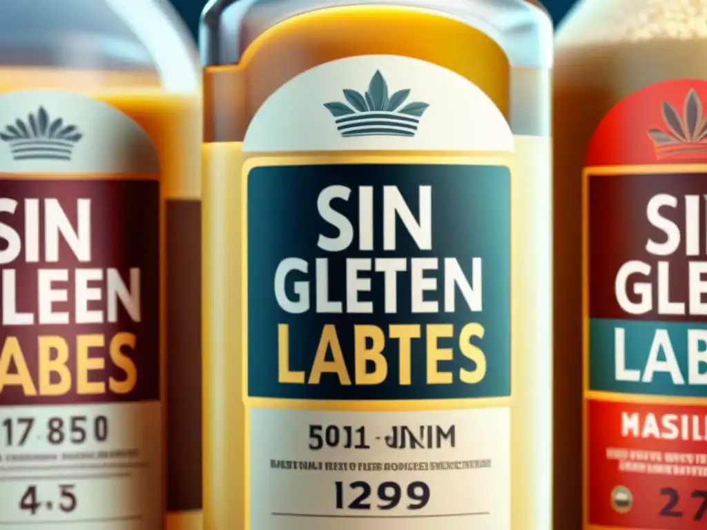 Diversidad de etiquetas productos sin gluten en closeup, destacando distintos diseños y estilos tipográficos en envases