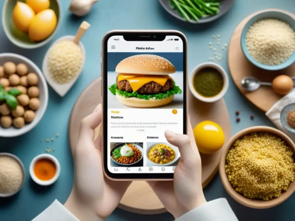 Diversidad de personas usando apps de Libros recetas sin gluten en cocina futurista