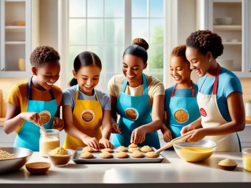 Diversión y complicidad entre niños cocinando galletas sin gluten en una cocina luminosa