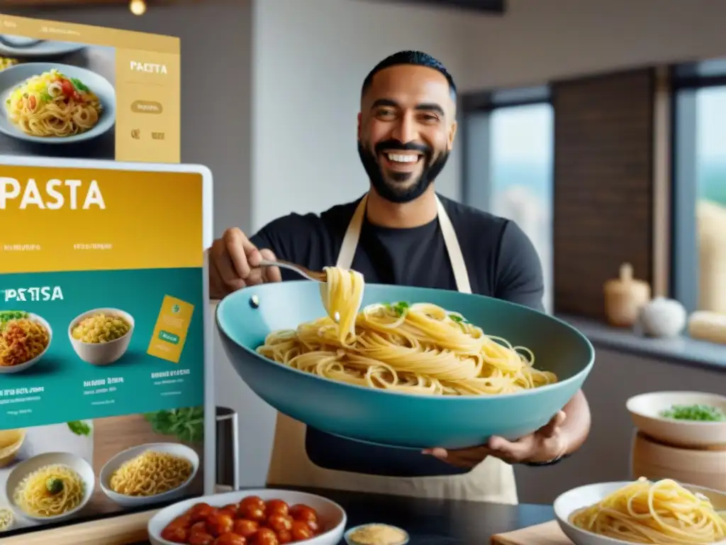 Diverso grupo compra pastas sin gluten online en ambiente inclusivo y alegre