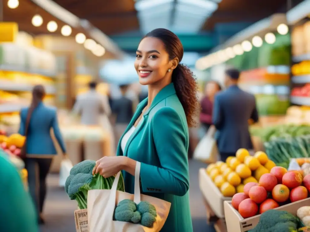 Diverso grupo de personas felices comprando comida sin gluten en un mercado, con envases reutilizables