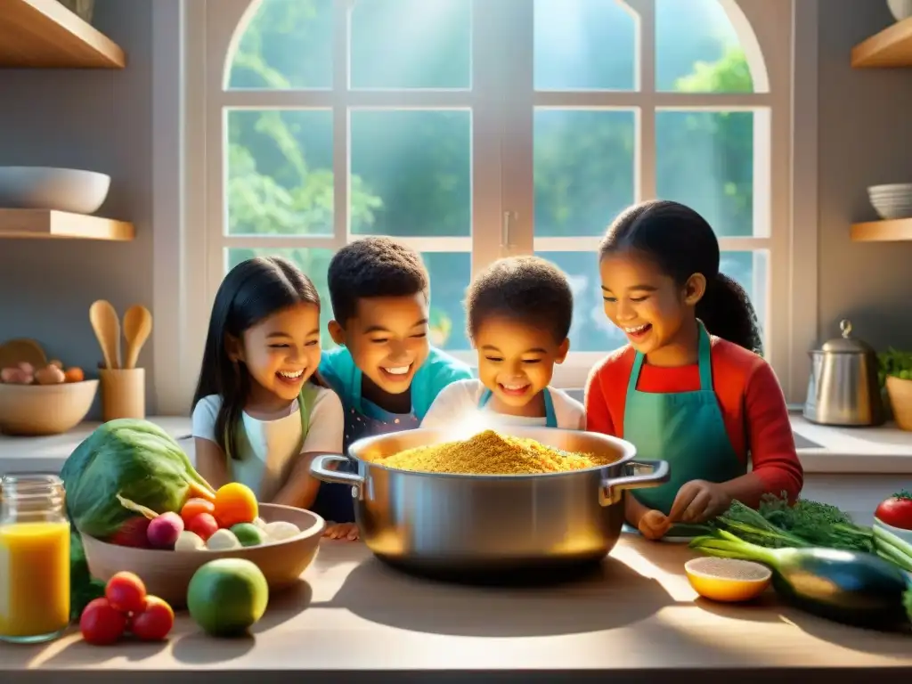 Un divertido escenario de cocina con niños preparando recetas sin gluten para niños, lleno de ingredientes coloridos y utensilios de cocina amigables