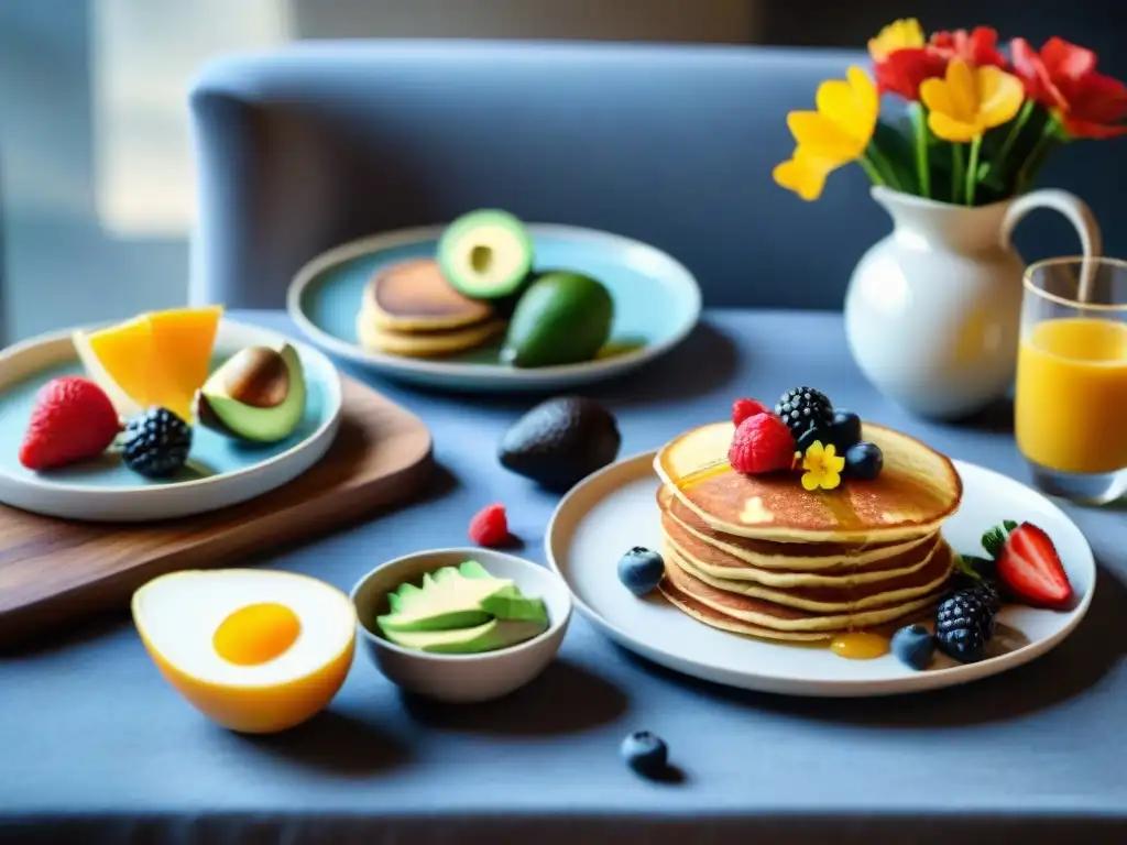 Un domingo de brunch libre de gluten: mesa elegante con panqueques, tostadas de aguacate y frutas coloridas, todo en un ambiente acogedor