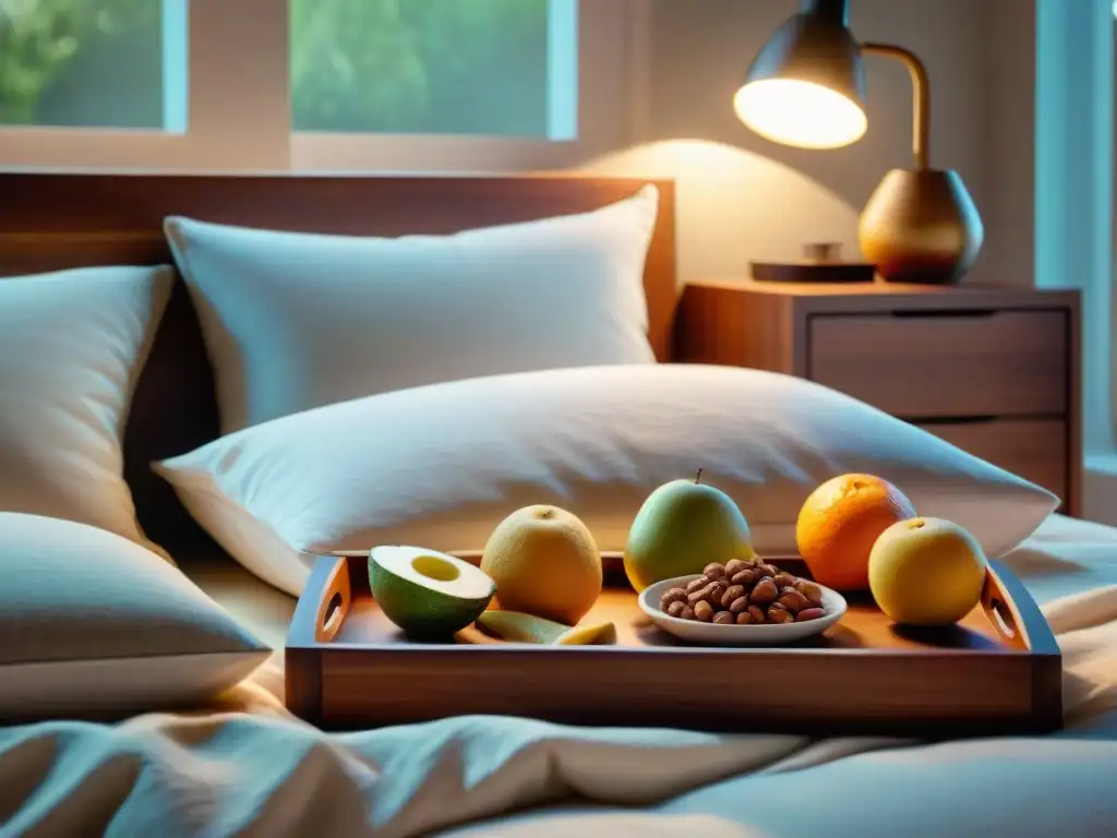 Un dormitorio sereno con cama de algodón orgánico, snacks sin gluten, luz suave y libros sobre vida orgánica