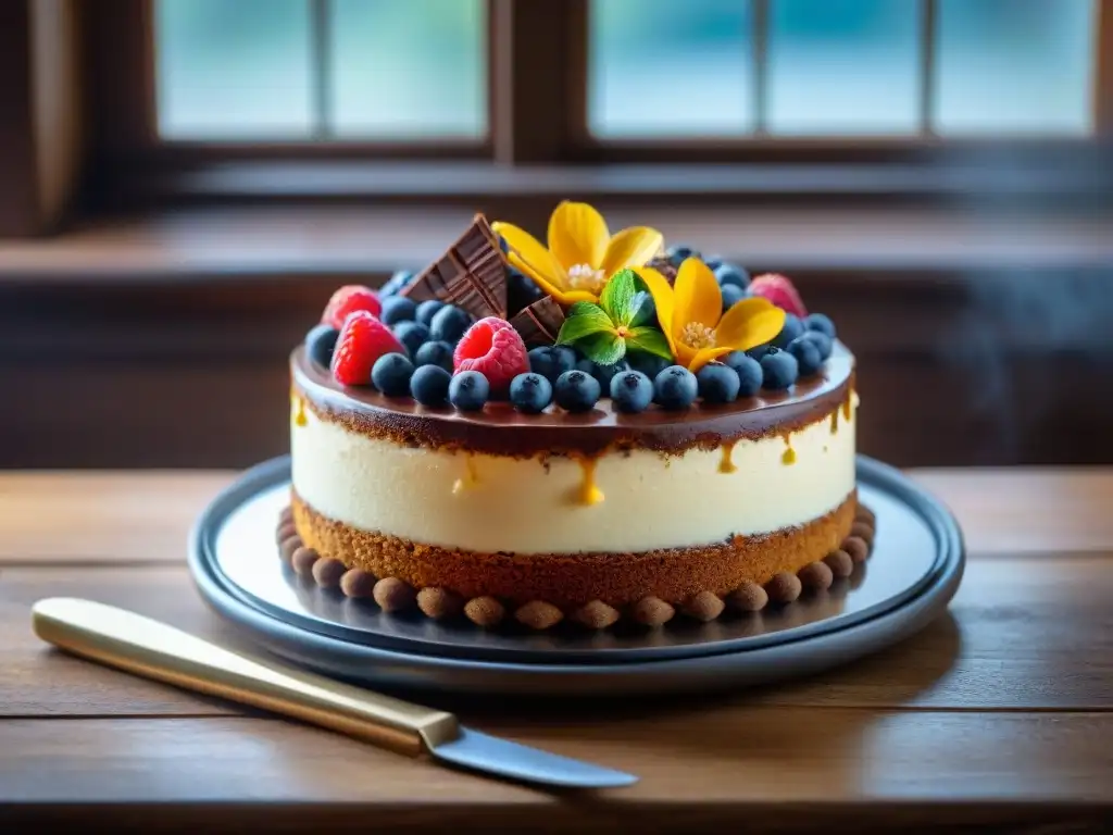 Delicioso pastel sin gluten: una obra de arte comestible Dulces sin gluten innovadores: Pastel decorado con frutas frescas, flores comestibles y virutas de chocolate en una mesa de madera rústica