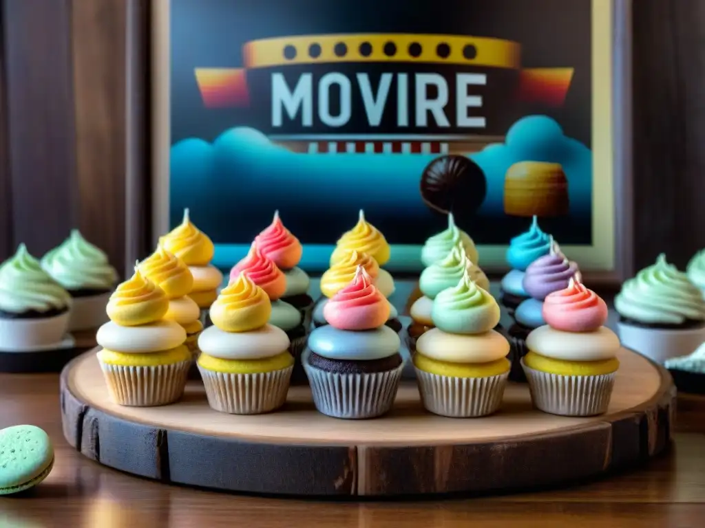 Dulces sin gluten inspirados en películas: cupcakes, cake pops y macarons coloridos en una mesa rústica con decoración cinematográfica