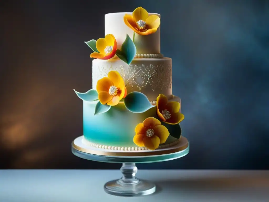 Dulces tradicionales sin gluten: Detalle de un pastel de boda decorado con flores comestibles en tonos vibrantes, sobre base de cristal