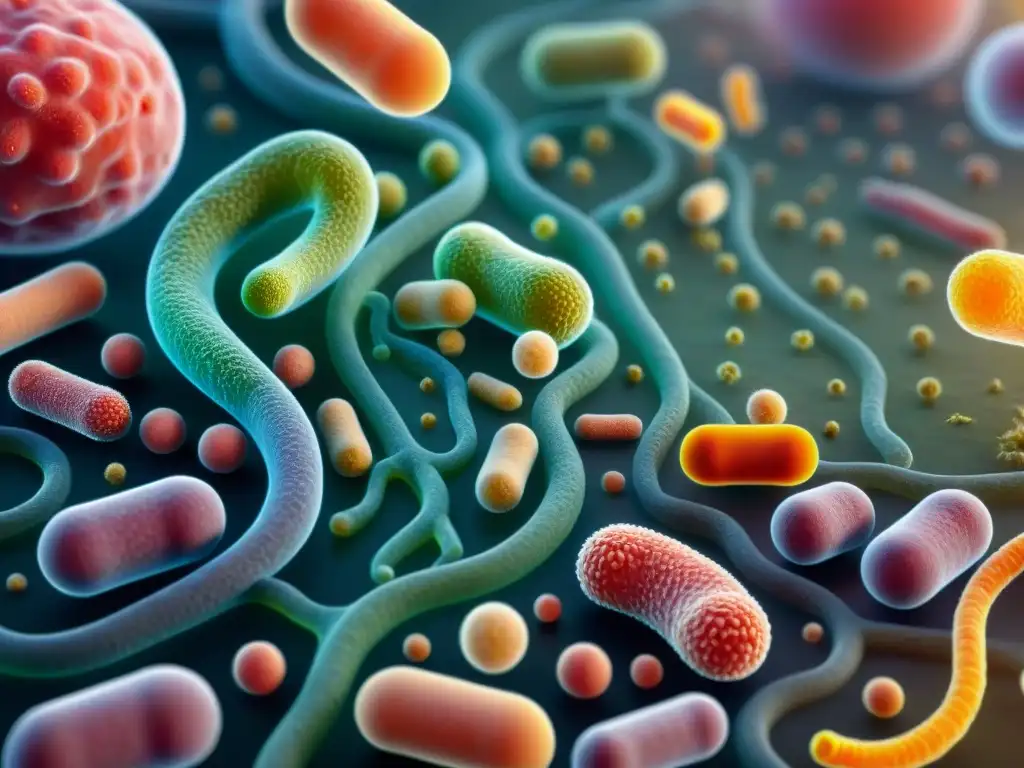 Un ecosistema vibrante de bacterias intestinales saludables, detalladas y diversas, destacando la relación entre gluten y salud intestinal sin gluten