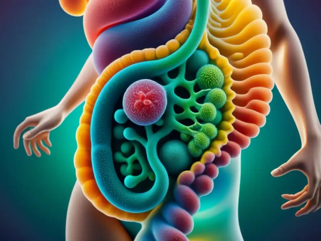 Un ecosistema vibrante de bacterias intestinales beneficiosas en armonía, promoviendo la salud digestiva