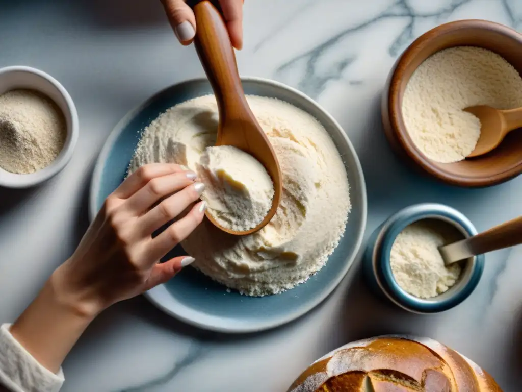 Elaboración de pan sin gluten en casa: manos midiendo harina sin gluten, levadura y agua en encimera de mármol