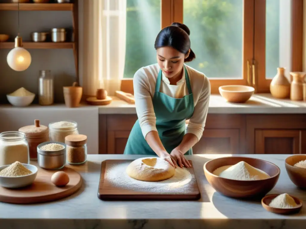 Elaboración de pan sin gluten en casa: persona amasando masa en acogedora cocina con luz solar filtrándose por la ventana