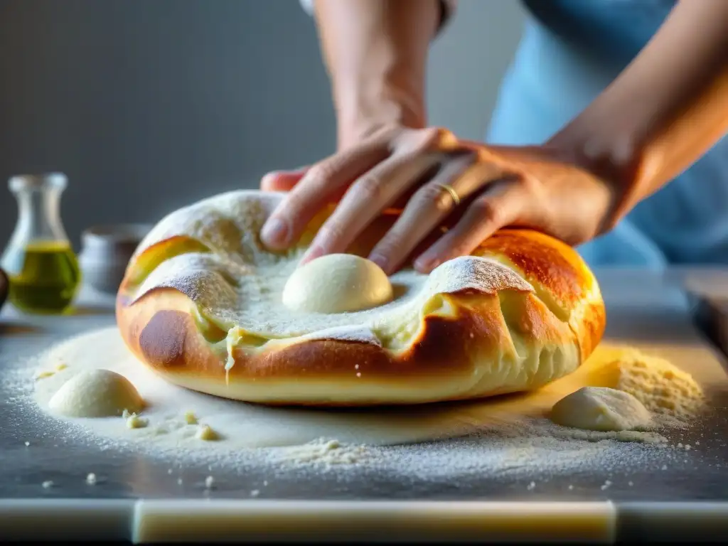 Elaboración de receta pizza sin gluten casera: masa de pizza sin gluten en mármol, amasada a mano con aceite de oliva